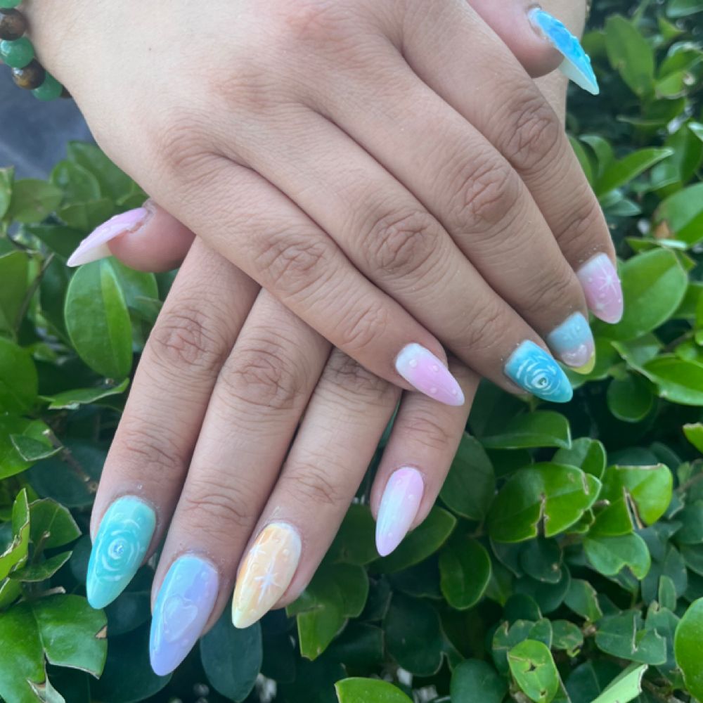 Blue French almond nails